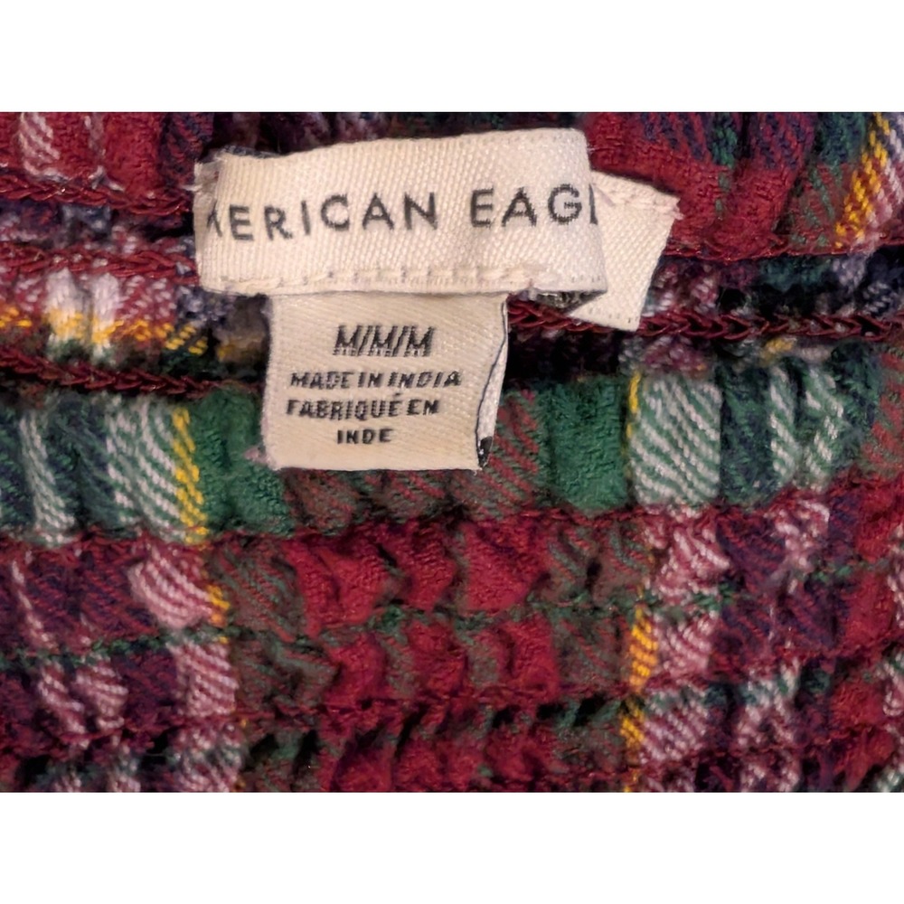 American Eagle Smocked Plaid Crop Top Short Puff Sleeve Square Neck‎ M Y2K Retro - Picture 7 of 10
